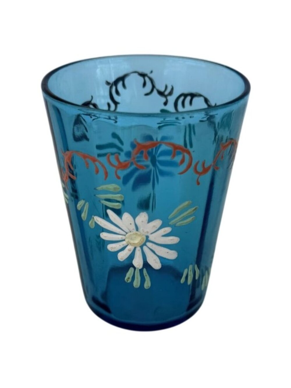 Vintage Hand-Painted Blue Glass Tumbler Floral White Daisy Vine Design
